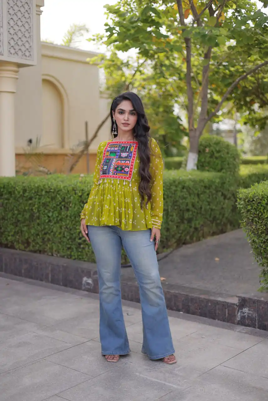 KA 5079 Mehandi Fox Georgette Kurti with Lace Work & Mirror Work. Affordable Price ₹2719. Delivery 4-6 Working Days. Shop now. | Bollywood Kurti, Creative Kurtis, Designer Kurti, Kurti, Party Wear Kurti, Selfie Kurti