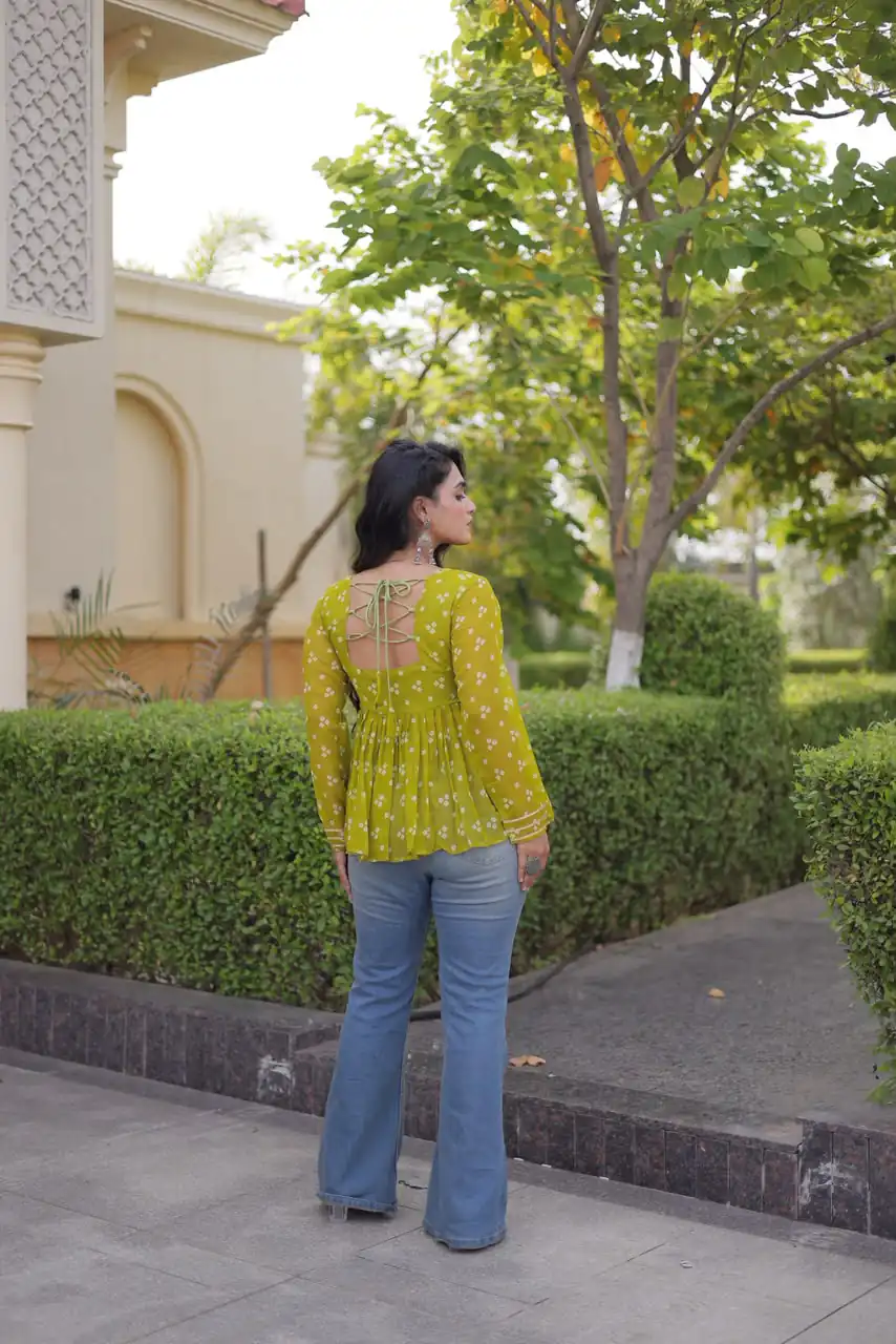 KA 5079 Mehandi Fox Georgette Kurti with Lace Work & Mirror Work. Affordable Price ₹2719. Delivery 4-6 Working Days. Shop now. | Bollywood Kurti, Creative Kurtis, Designer Kurti, Kurti, Party Wear Kurti, Selfie Kurti