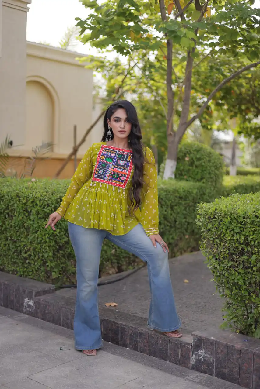 KA 5079 Mehandi Fox Georgette Kurti with Lace Work & Mirror Work. Affordable Price ₹2719. Delivery 4-6 Working Days. Shop now. | Bollywood Kurti, Creative Kurtis, Designer Kurti, Kurti, Party Wear Kurti, Selfie Kurti