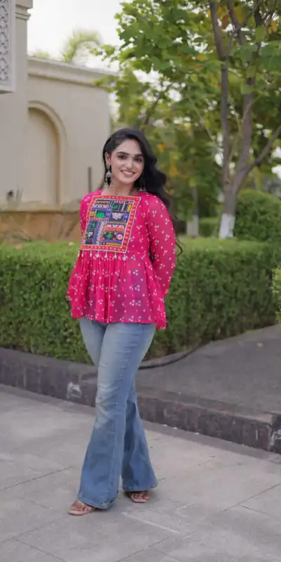 KA 5079 Pink Fox Georgette Kurti with Lace Work & Mirror Work. Affordable Price ₹2719. Delivery 4-6 Working Days. Shop now. | Bollywood Kurti, Creative Kurtis, Designer Kurti, Kurti, Party Wear Kurti, Selfie Kurti