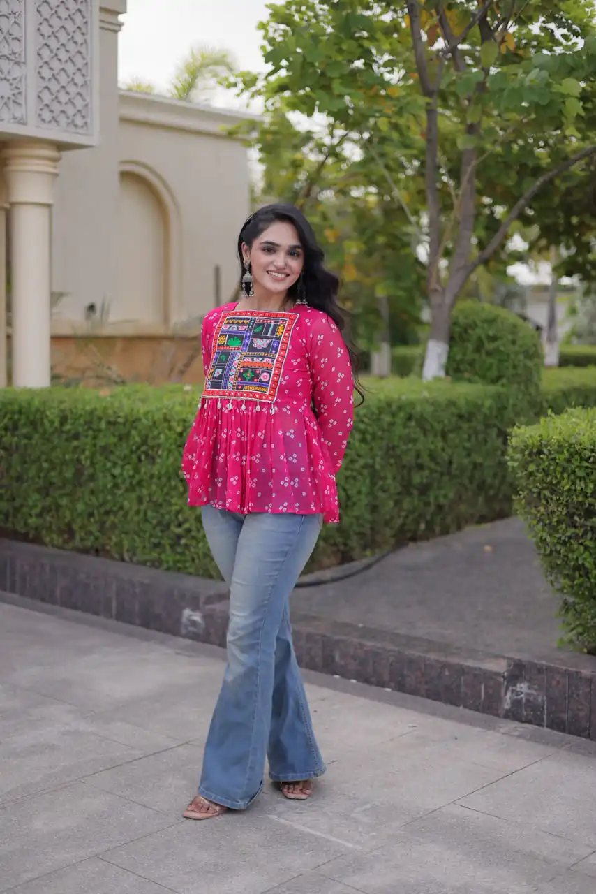 KA 5079 Pink Fox Georgette Kurti with Lace Work & Mirror Work. Affordable Price ₹2719. Delivery 4-6 Working Days. Shop now. | Bollywood Kurti, Creative Kurtis, Designer Kurti, Kurti, Party Wear Kurti, Selfie Kurti