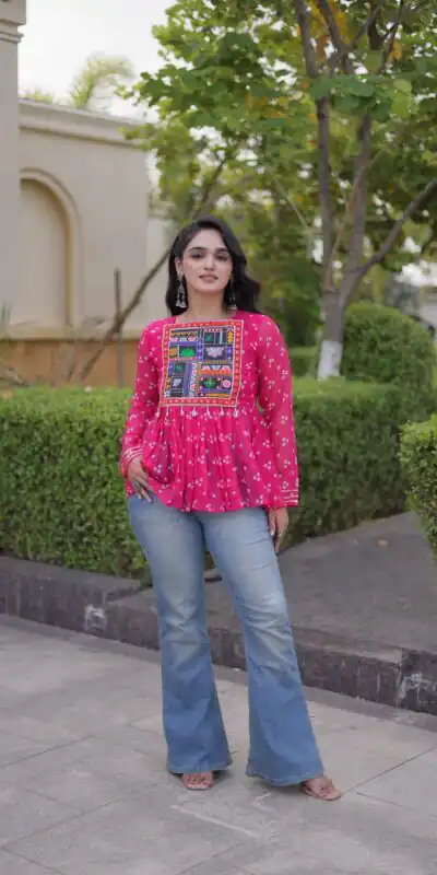 KA 5079 Pink Fox Georgette Kurti with Lace Work & Mirror Work. Affordable Price ₹2719. Delivery 4-6 Working Days. Shop now. | Bollywood Kurti, Creative Kurtis, Designer Kurti, Kurti, Party Wear Kurti, Selfie Kurti