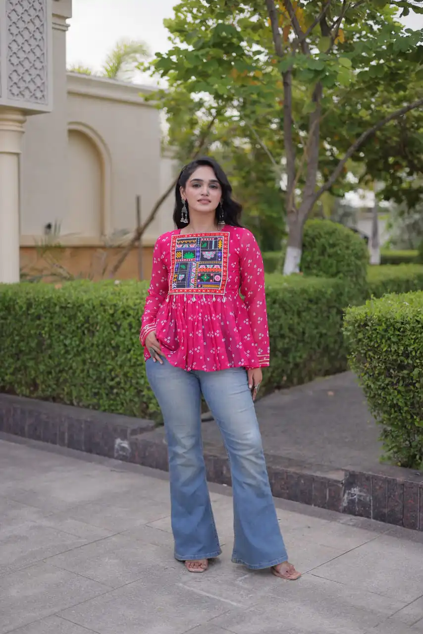 KA 5079 Pink Fox Georgette Kurti with Lace Work & Mirror Work. Affordable Price ₹2719. Delivery 4-6 Working Days. Shop now. | Bollywood Kurti, Creative Kurtis, Designer Kurti, Kurti, Party Wear Kurti, Selfie Kurti