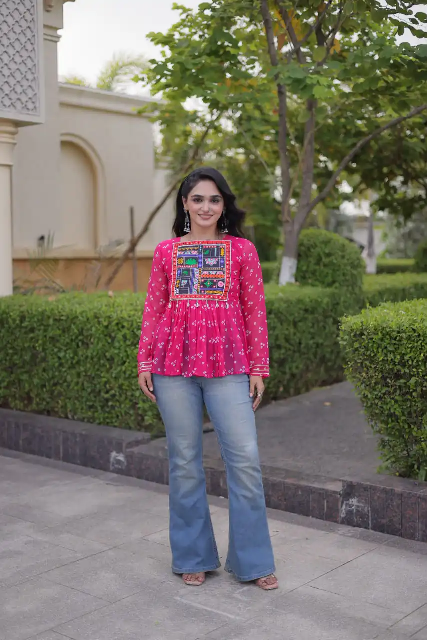 KA 5079 Pink Fox Georgette Kurti with Lace Work & Mirror Work. Affordable Price ₹2719. Delivery 4-6 Working Days. Shop now. | Bollywood Kurti, Creative Kurtis, Designer Kurti, Kurti, Party Wear Kurti, Selfie Kurti
