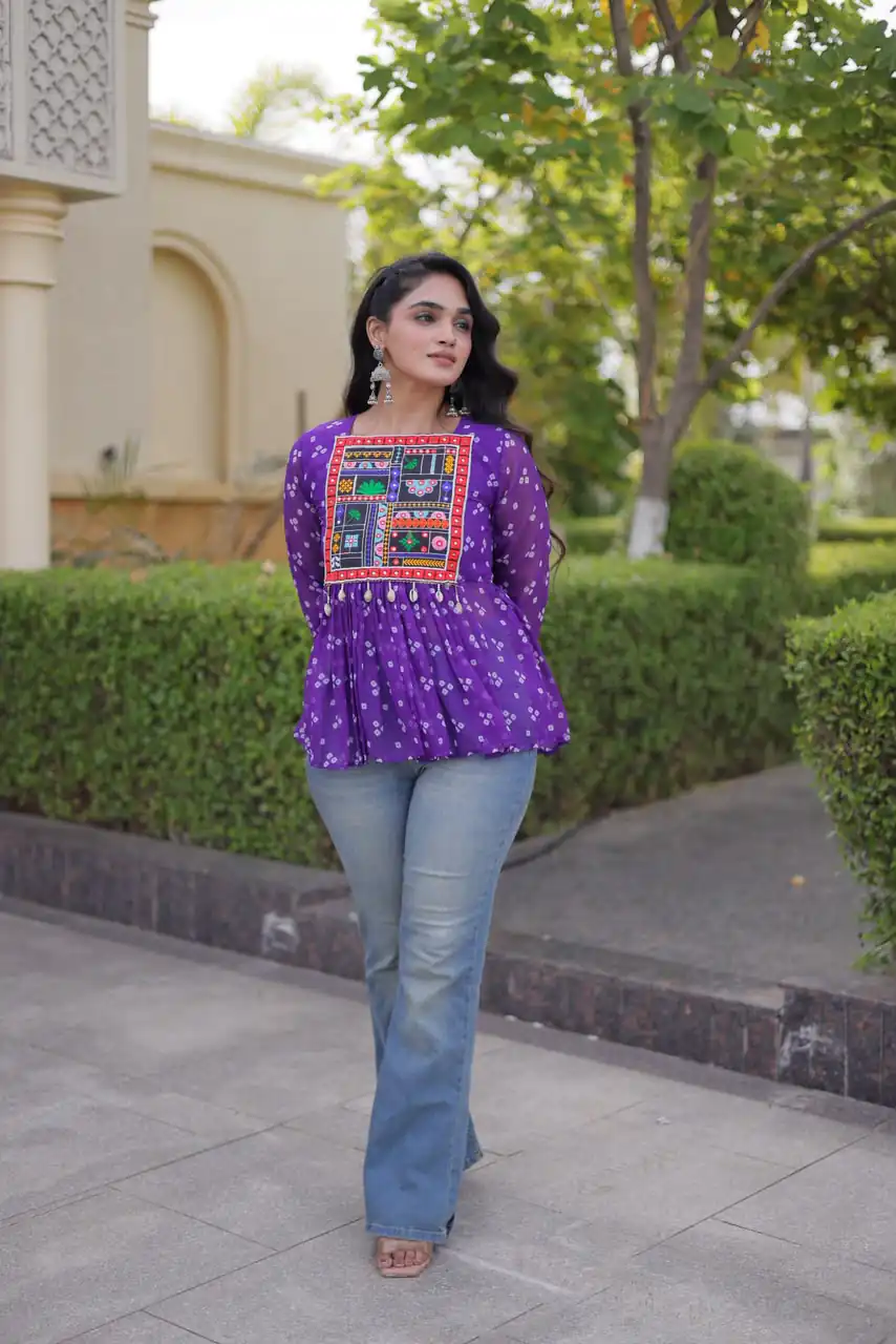 KA 5079 Purple Fox Georgette Kurti with Lace Work & Mirror Work. Affordable Price ₹2719. Delivery 4-6 Working Days. Shop now. | Bollywood Kurti, Creative Kurtis, Designer Kurti, Kurti, Party Wear Kurti, Selfie Kurti