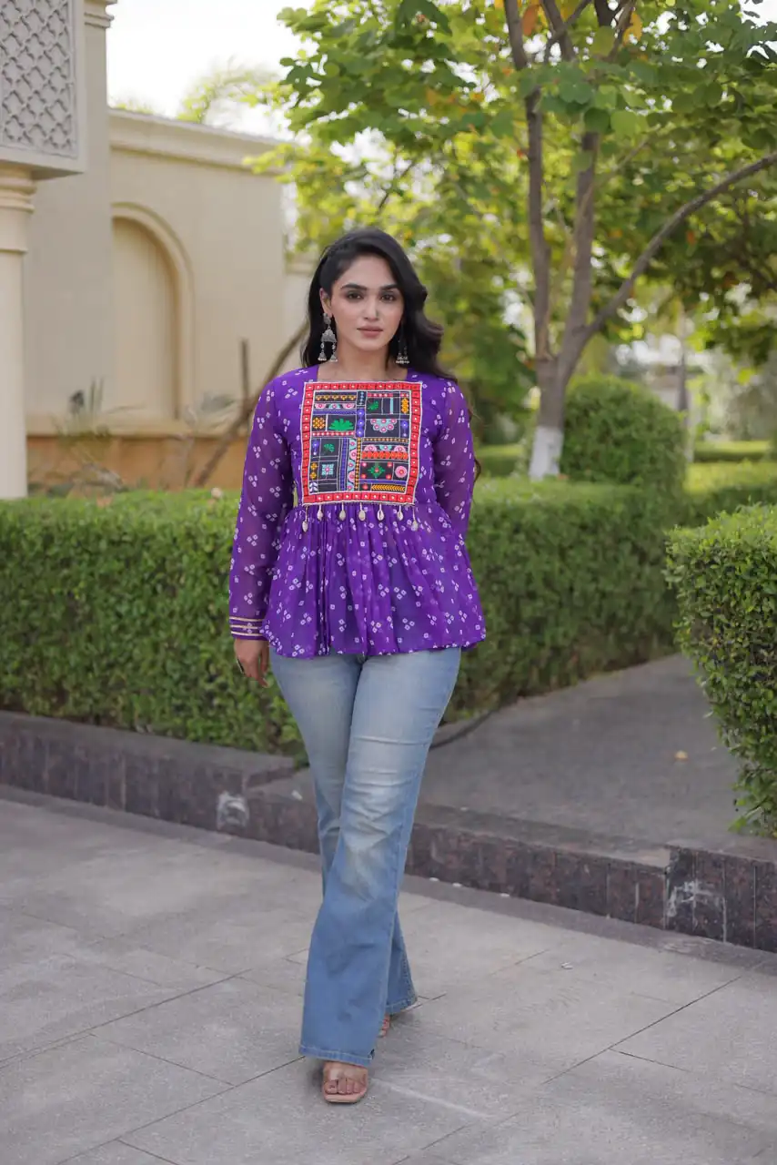 KA 5079 Purple Fox Georgette Kurti with Lace Work & Mirror Work. Affordable Price ₹2719. Delivery 4-6 Working Days. Shop now. | Bollywood Kurti, Creative Kurtis, Designer Kurti, Kurti, Party Wear Kurti, Selfie Kurti