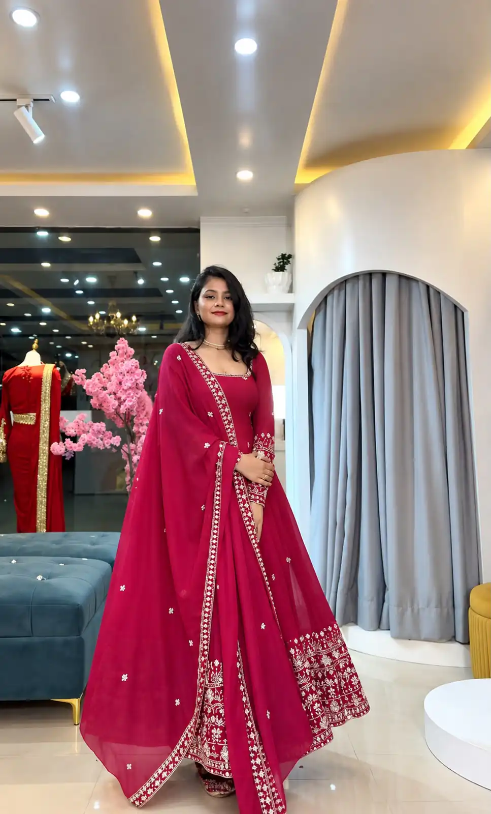 SSR 544 Pink in Crunchy Silk Embroidery Work & Lace Work Gown . Special Price ₹2399. Delivery 4-6 Working Days. Shop now. | Bollywood Gowns, Creative Gowns, Designer Gowns, Embroidered Gowns, Gowns, Party Wear Gowns