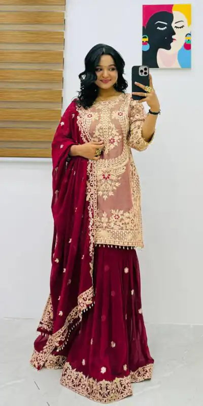 ZC 8012 Maroon Crunchy Silk Salwar Suit with Embroidery Work. Wedding, Party, Festive, Events Best Price ₹2449. Delivery 4-6 Working Days. Shop now. | Jump Suits, Straight Suits, Casual Suits, Creative suits, Designer Suits, Palazzo Suits, Party Wear Suits, Patiala Suits, Salwar suit