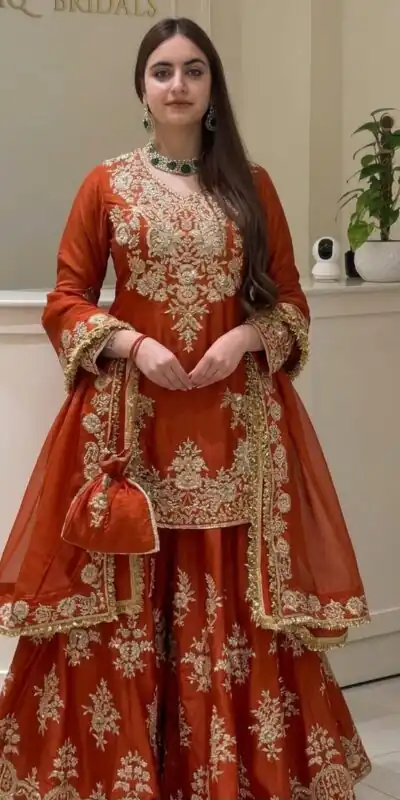 MT 1079 Rust Natural Silk Salwar Suit with Sequins Work & Embroidery Work. Special Price ₹2449. Delivery 4-6 Working Days. Shop now. | Jump Suits, Straight Suits, Casual Suits, Creative suits, Designer Suits, Palazzo Suits, Party Wear Suits, Patiala Suits, Salwar suit
