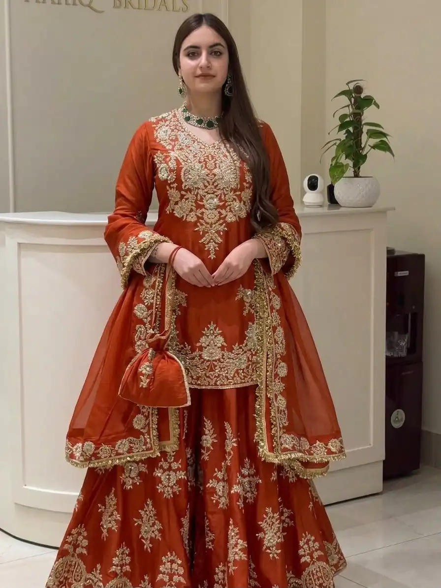 MT 1079 Rust Natural Silk Salwar Suit with Sequins Work & Embroidery Work. Special Price ₹2449. Delivery 4-6 Working Days. Shop now. | Jump Suits, Straight Suits, Casual Suits, Creative suits, Designer Suits, Palazzo Suits, Party Wear Suits, Patiala Suits, Salwar suit