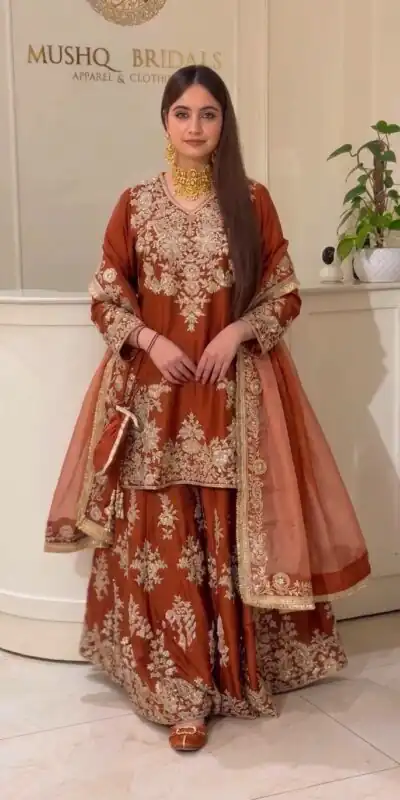 MT 1079 Rust Natural Silk Salwar Suit with Sequins Work & Embroidery Work. Special Price ₹2449. Delivery 4-6 Working Days. Shop now. | Jump Suits, Straight Suits, Casual Suits, Creative suits, Designer Suits, Palazzo Suits, Party Wear Suits, Patiala Suits, Salwar suit