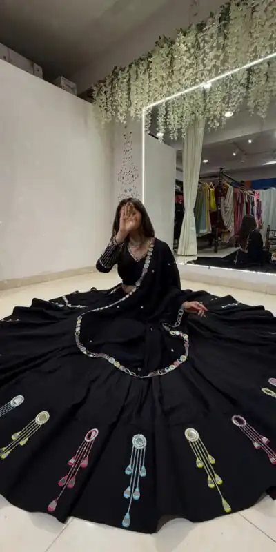 BE 504 Blacke Color Rayon Embroidery Work & Cowrie Work Lehenga Choli . Grab it for ₹2449. Delivery 4-6 Working Days. Shop now. | Bollywood Lehenga, Creative Lehenga, Designer Lehenga, Embroidered Lehenga, Lehenga, Party Wear Lehenga
