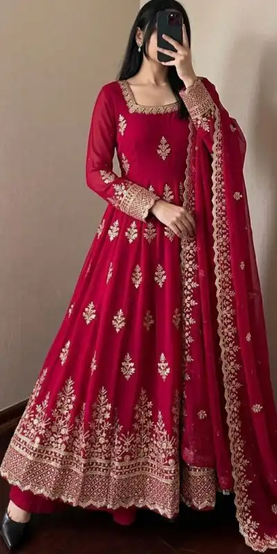 NSR 918 Red Fendy Silk Gown with Embroidery Work & Sequins Work. Special Price ₹2399. Delivery 4-6 Working Days. Shop now. | Bollywood Gowns, Creative Gowns, Designer Gowns, Embroidered Gowns, Gowns, Party Wear Gowns