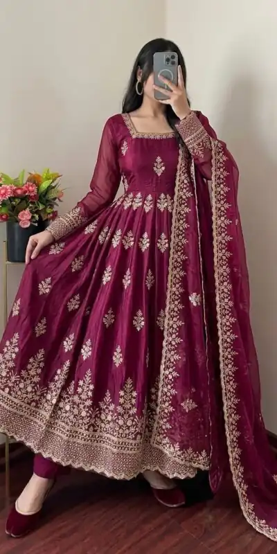 NSR 918 Wine Fendy Silk Gown with Embroidery Work & Sequins Work. Special Price ₹2399. Delivery 4-6 Working Days. Shop now. | Bollywood Gowns, Creative Gowns, Designer Gowns, Embroidered Gowns, Gowns, Party Wear Gowns
