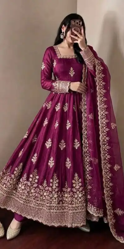 NSR 918 Wine Fendy Silk Gown with Embroidery Work & Sequins Work. Special Price ₹2399. Delivery 4-6 Working Days. Shop now. | Bollywood Gowns, Creative Gowns, Designer Gowns, Embroidered Gowns, Gowns, Party Wear Gowns