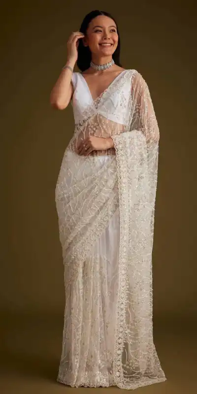 DF 3486 White Color Butterfly Net 5mm Sequence Embroiderer Work Saree Casual, Wedding, Festive, Events . Expected Delivery 4-6 Working Days @1899/- only | Bollywood Sarees, Creative Sarees, Designer Sarees, Embroidered Sarees, Ethnic Saree, Modern Digital sarees, Party Wear Sarees, Sarees