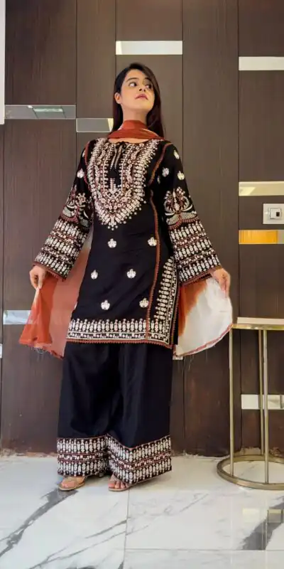 Aglow Black Rayon Cotton Embroidery Work Salwar Suit