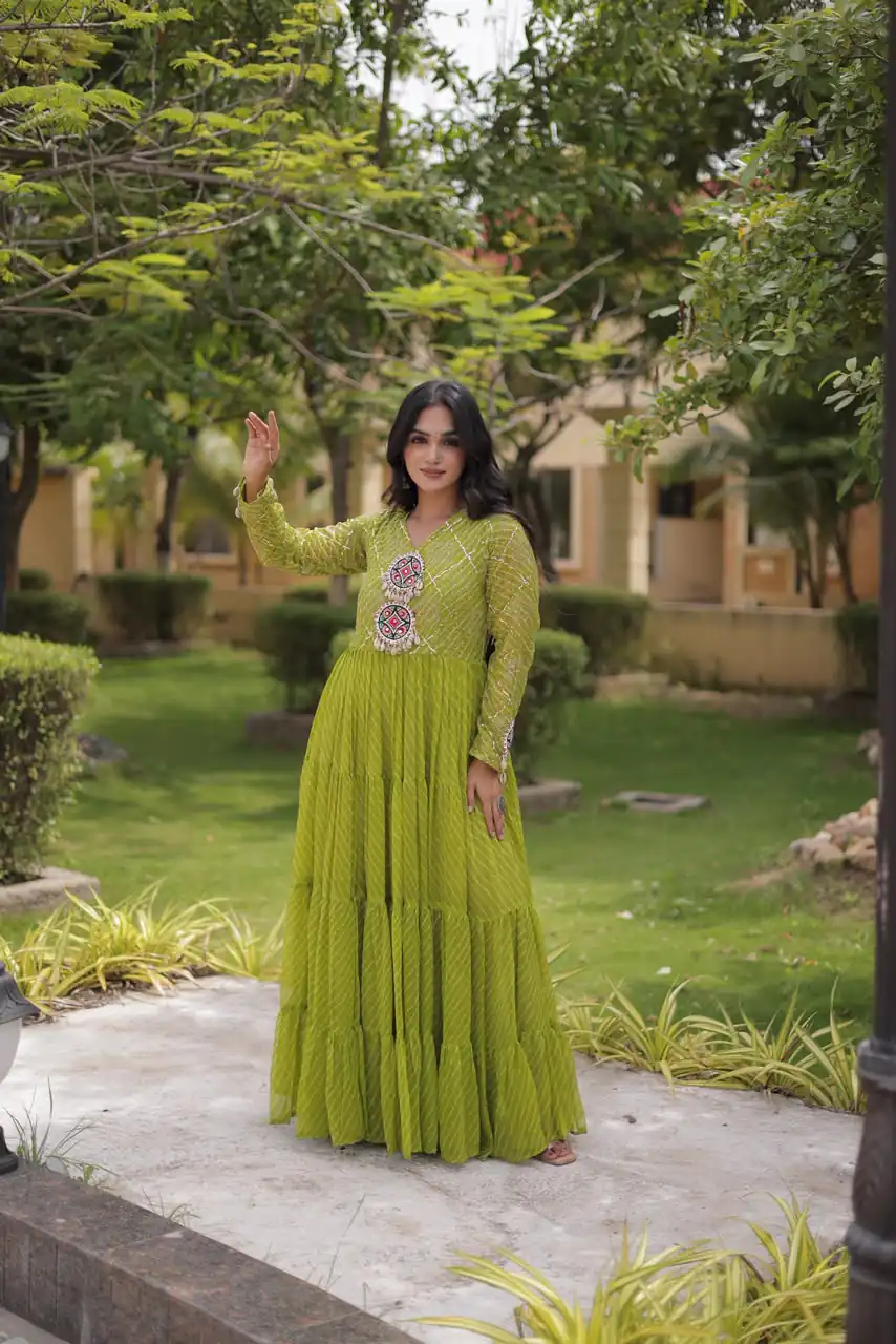 Aglow Green Faux Georgette Patch Work Gown - Image 4