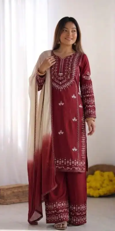 Aglow Maroon Rayon Cotton Embroidery Work Salwar Suit