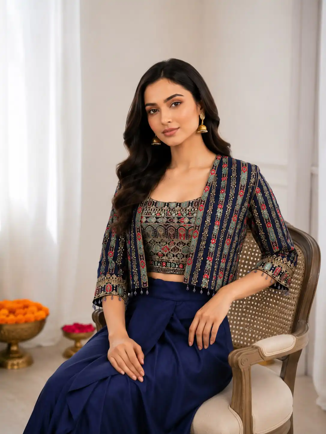 Aglow Navy Blue Chinon Silk Sequence Work Lehenga Choli - Image 3