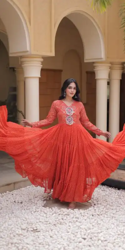 Aglow Orange Faux Georgette Patch Work Gown