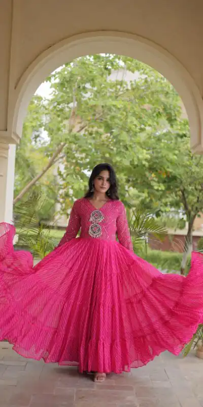 Aglow Pink Faux Georgette Patch Work Gown