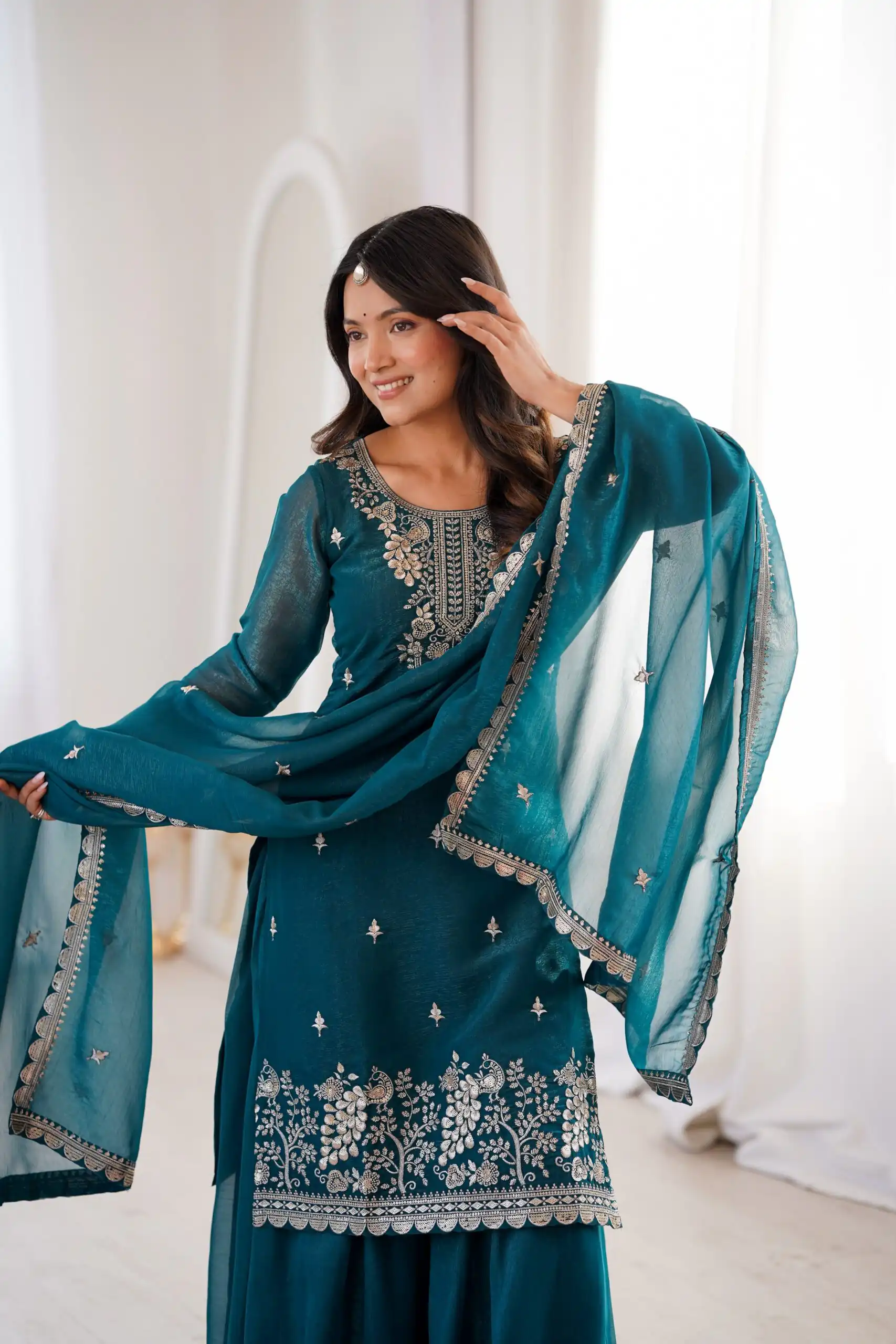 Aglow Teal Crunchy Silk Sequence Work Salwar Suit - Image 6