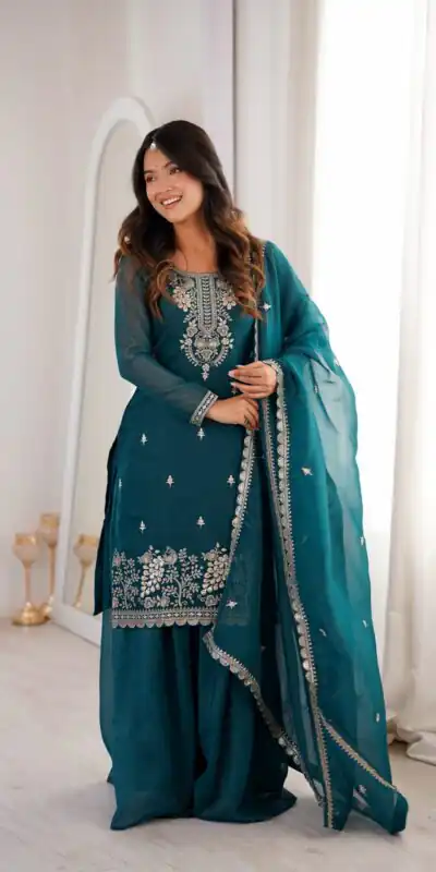 Alternative view of Aglow Teal Crunchy Silk Sequence Work Salwar Suit