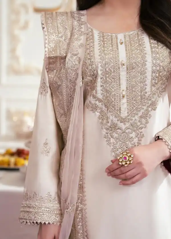 Aglow White French Crep Silk Mirror Work Salwar Suit - Image 3