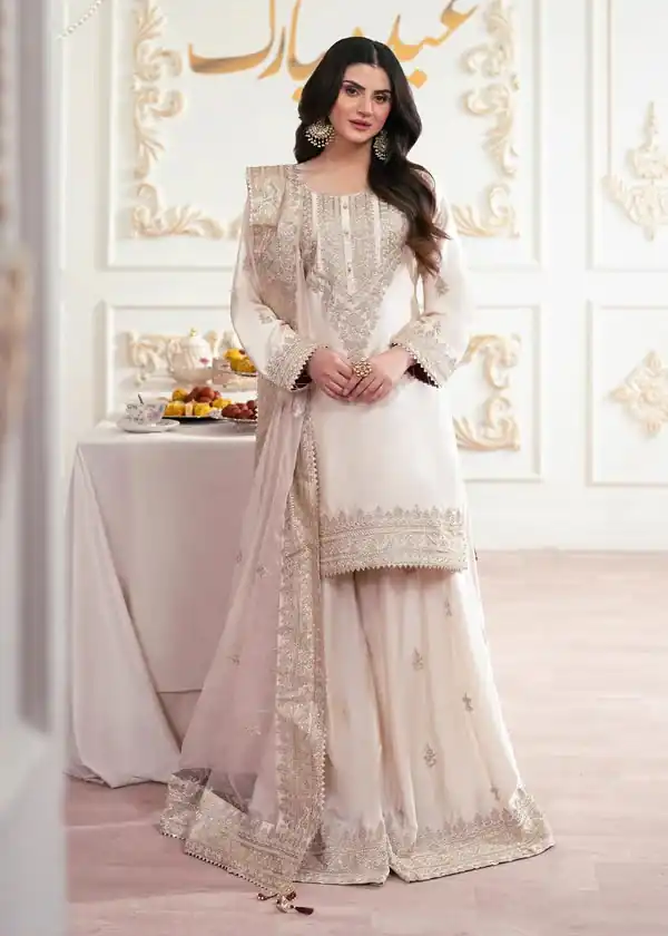 Aglow White French Crep Silk Mirror Work Salwar Suit