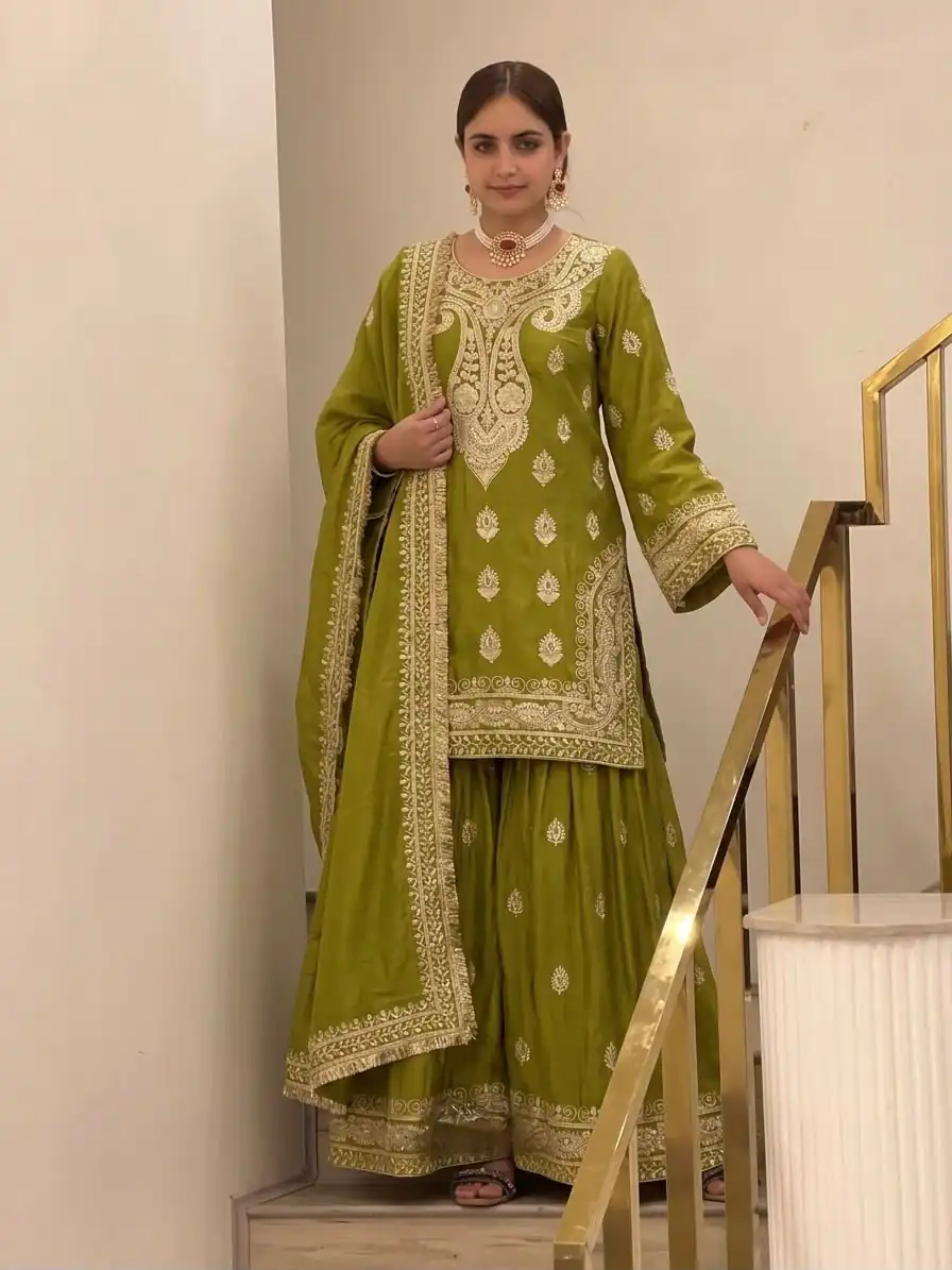 Angelic Mehendi Chinon Silk Embroider Work Salwar Suit - Image 3