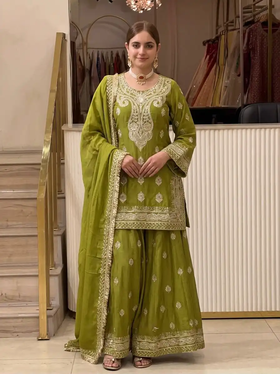 Angelic Mehendi Chinon Silk Embroider Work Salwar Suit