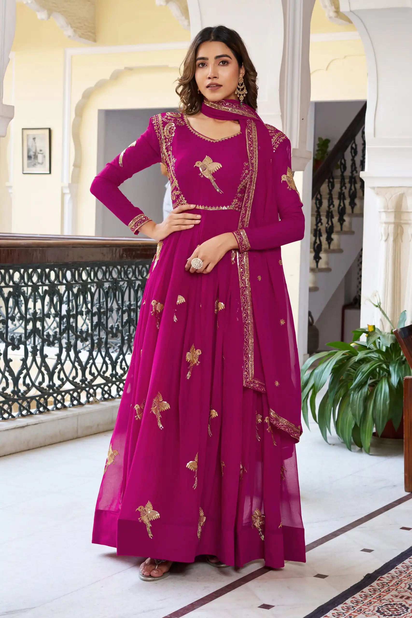 Angelic Pink Faux Georgette Thread Work Gown - Image 5