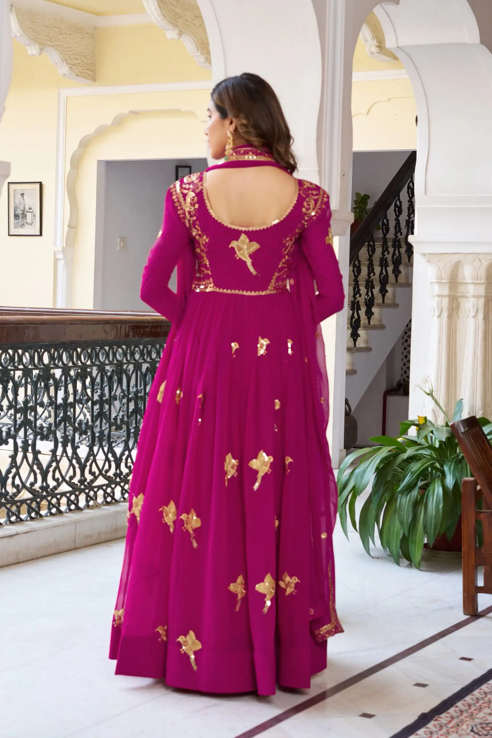 Angelic Pink Faux Georgette Thread Work Gown - Image 4