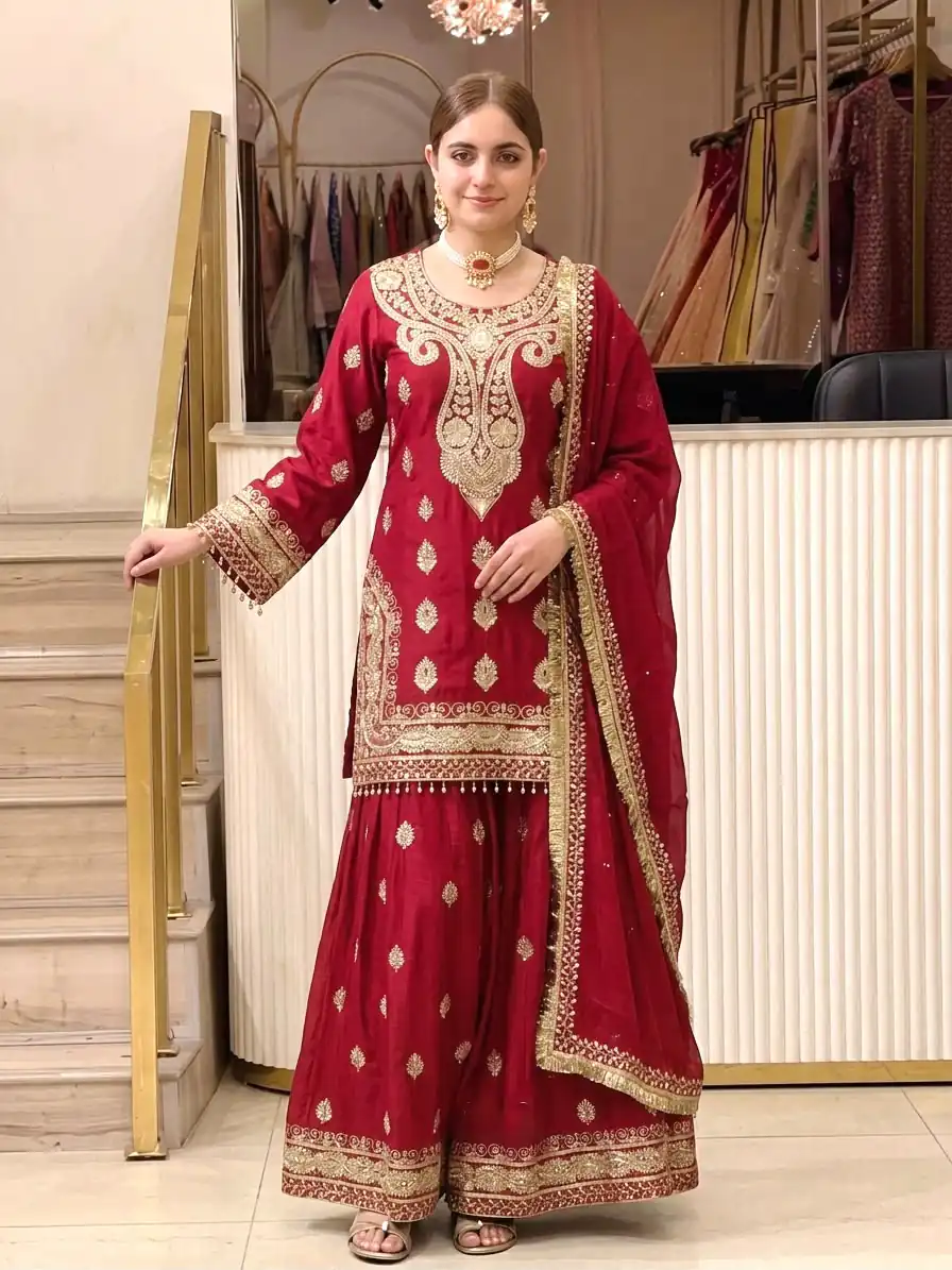 Angelic Red Chinon Silk Embroider Work Salwar Suit - Image 4