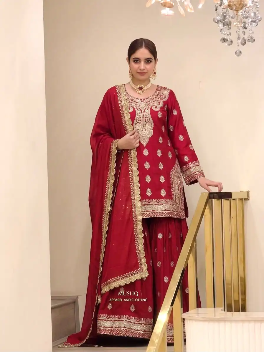 Angelic Red Chinon Silk Embroider Work Salwar Suit