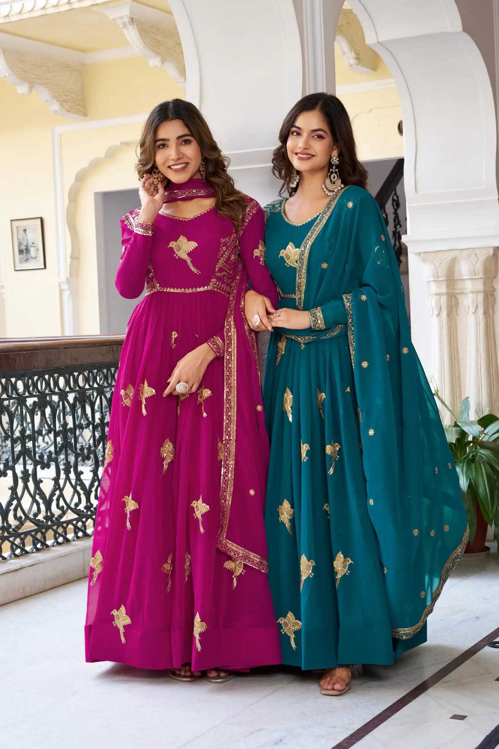 Angelic Teal Faux Georgette Thread Work Gown - Image 5