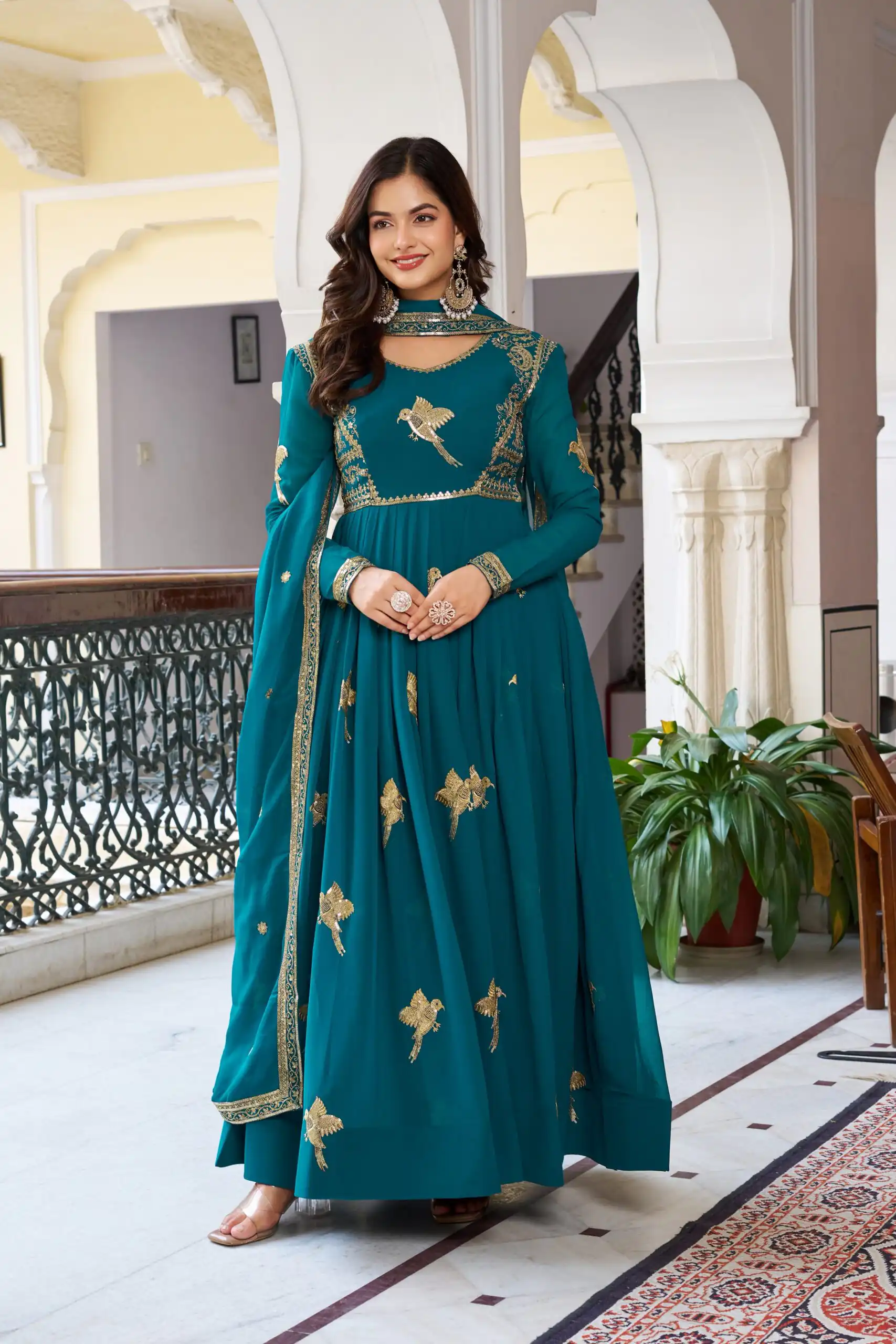 Angelic Teal Faux Georgette Thread Work Gown - Image 4