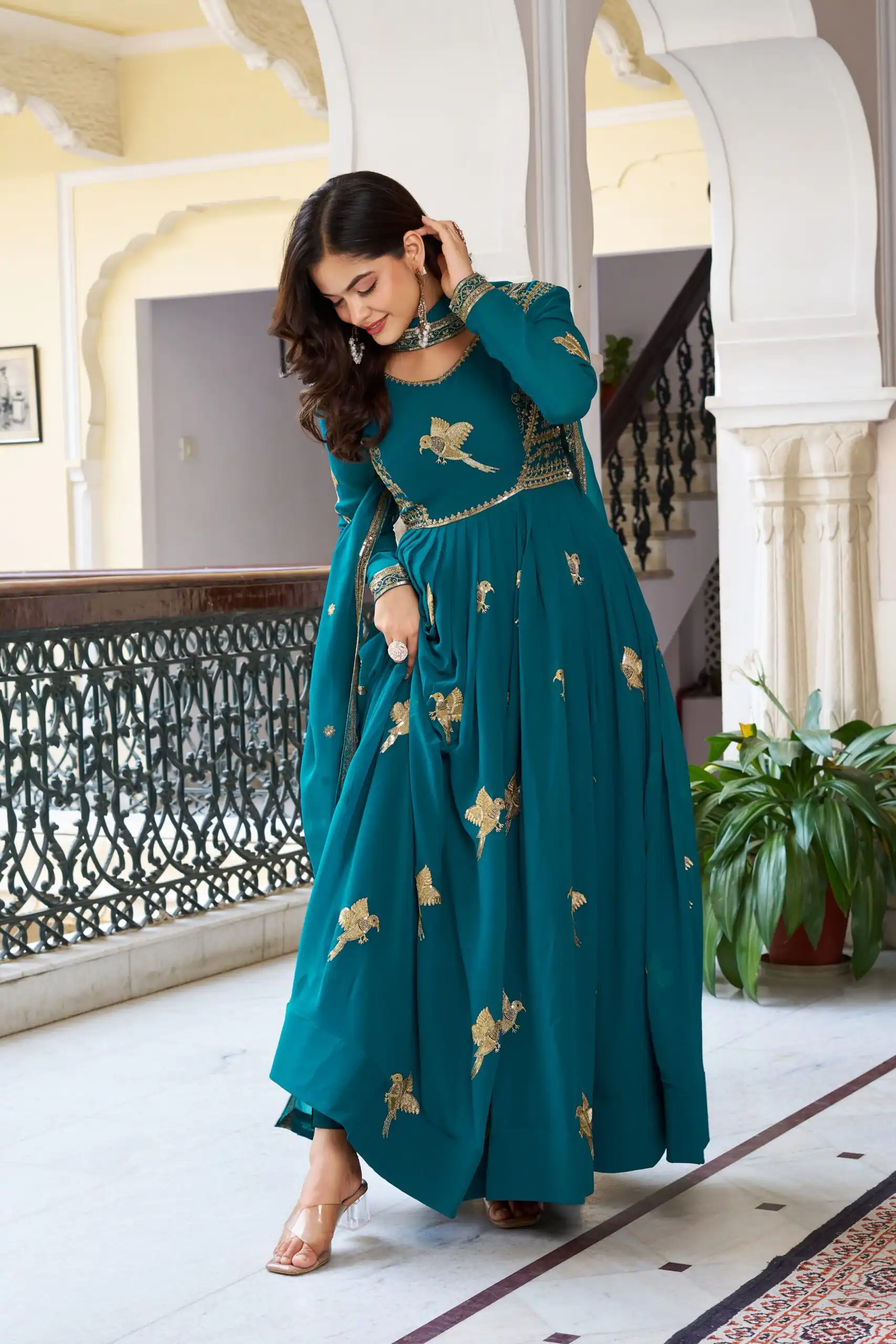 Angelic Teal Faux Georgette Thread Work Gown