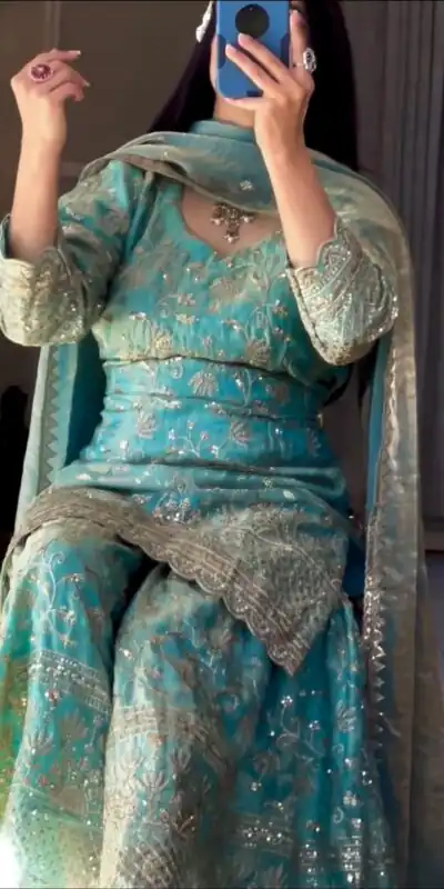 Alternative view of Cool Blue Fandy Crush Silk Sequins Work Salwar Suit