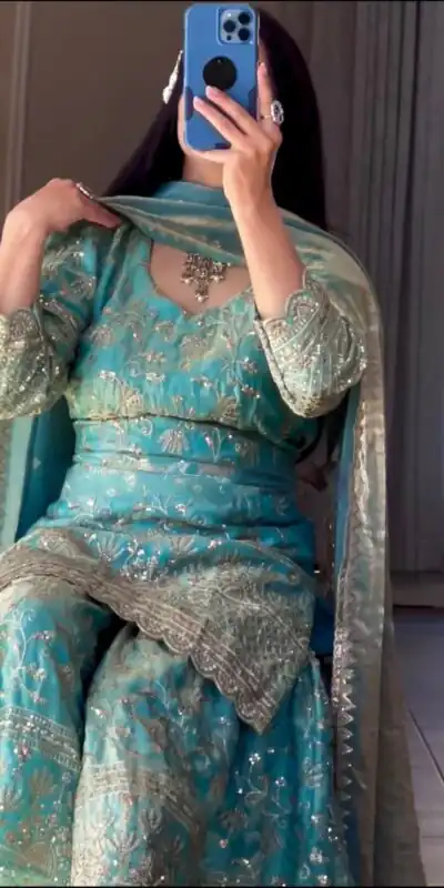 Cool Blue Fandy Crush Silk Sequins Work Salwar Suit