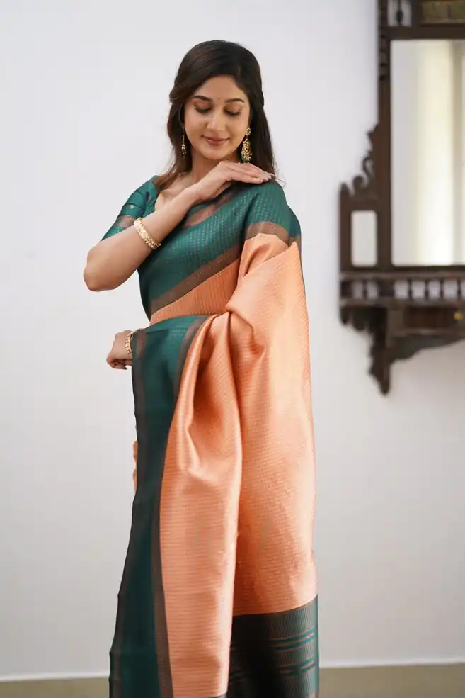 Cool Teal Soft Lichi Silk Lace Work Saree - Image 3