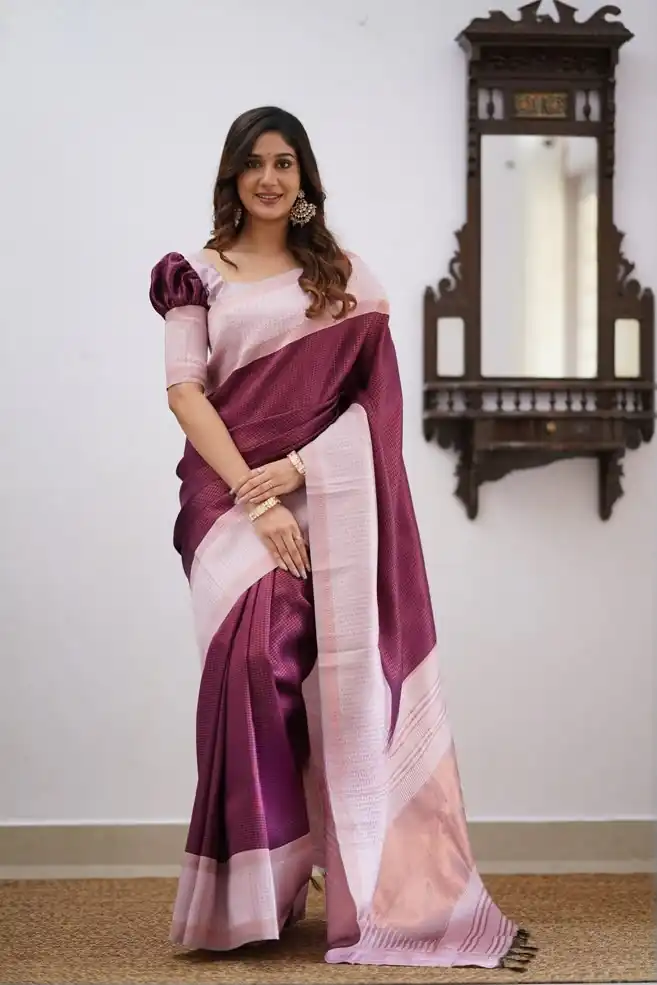 Cool Wine Soft Lichi Silk Lace Work Saree - Image 2