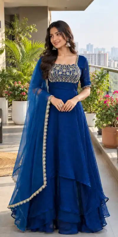 Fancy Blue Fendy Crush Beads Work Gown