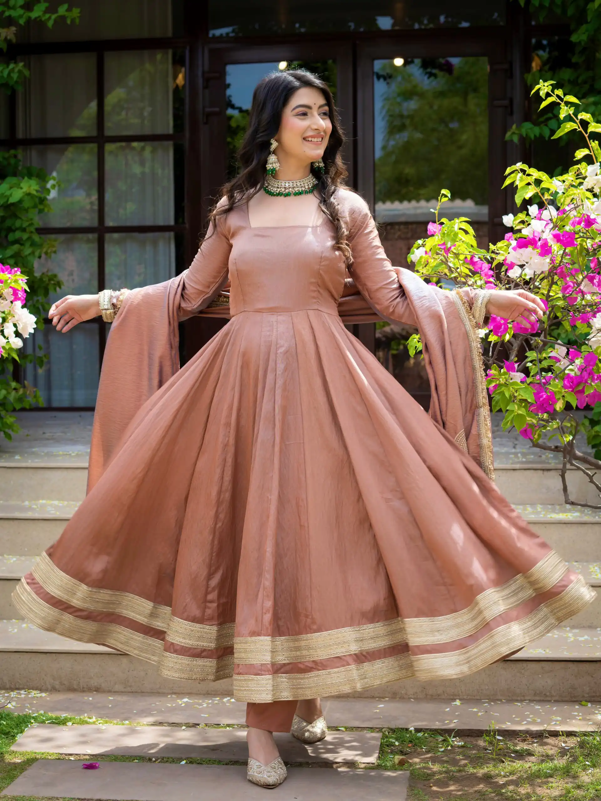 Fancy Brown Vichitra Embroidery Work Anarkali Suit