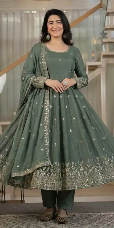 Fancy Grey Crunchy Silk Embroider Work Anarkali Suit