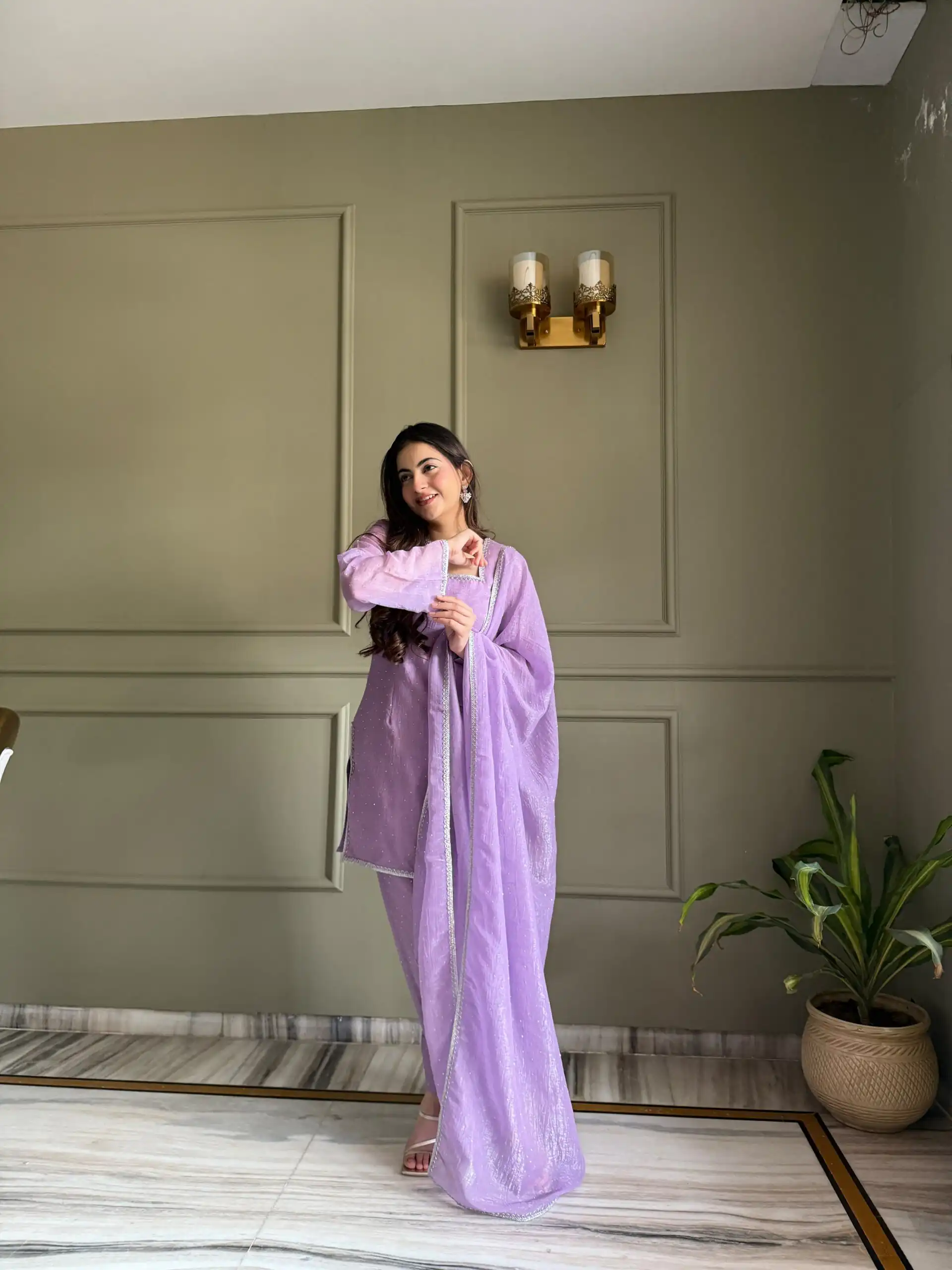Fancy Lavender Crunchy Silk Siroski Work Salwar Suit - Image 3