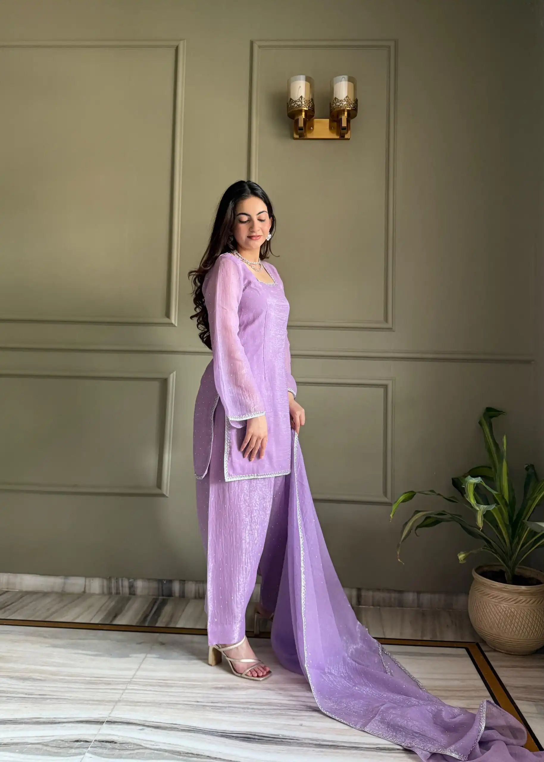 Fancy Lavender Crunchy Silk Siroski Work Salwar Suit - Image 5