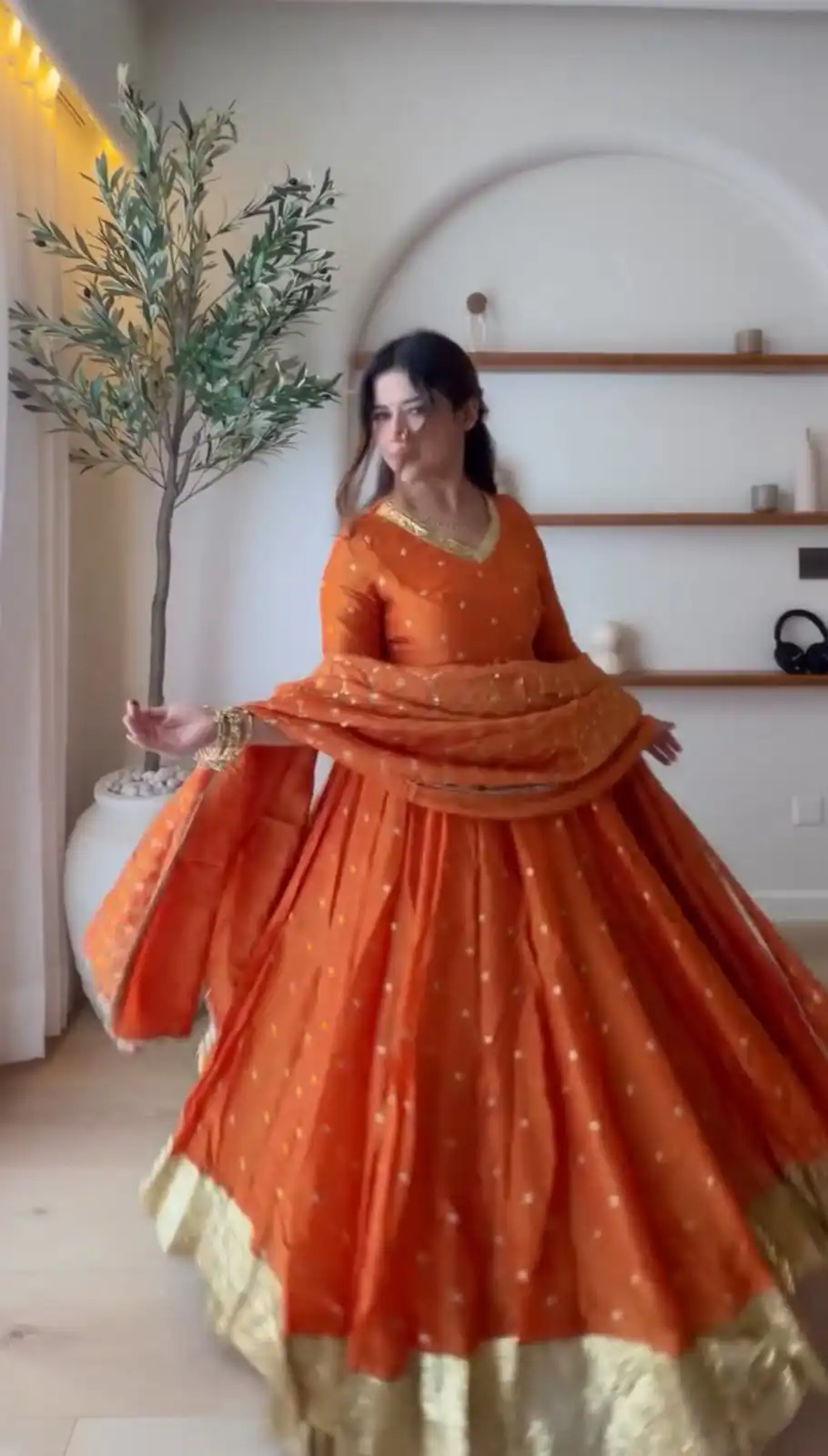 Fancy Orange Vichitra Silk Thread Work Anarkali Suit