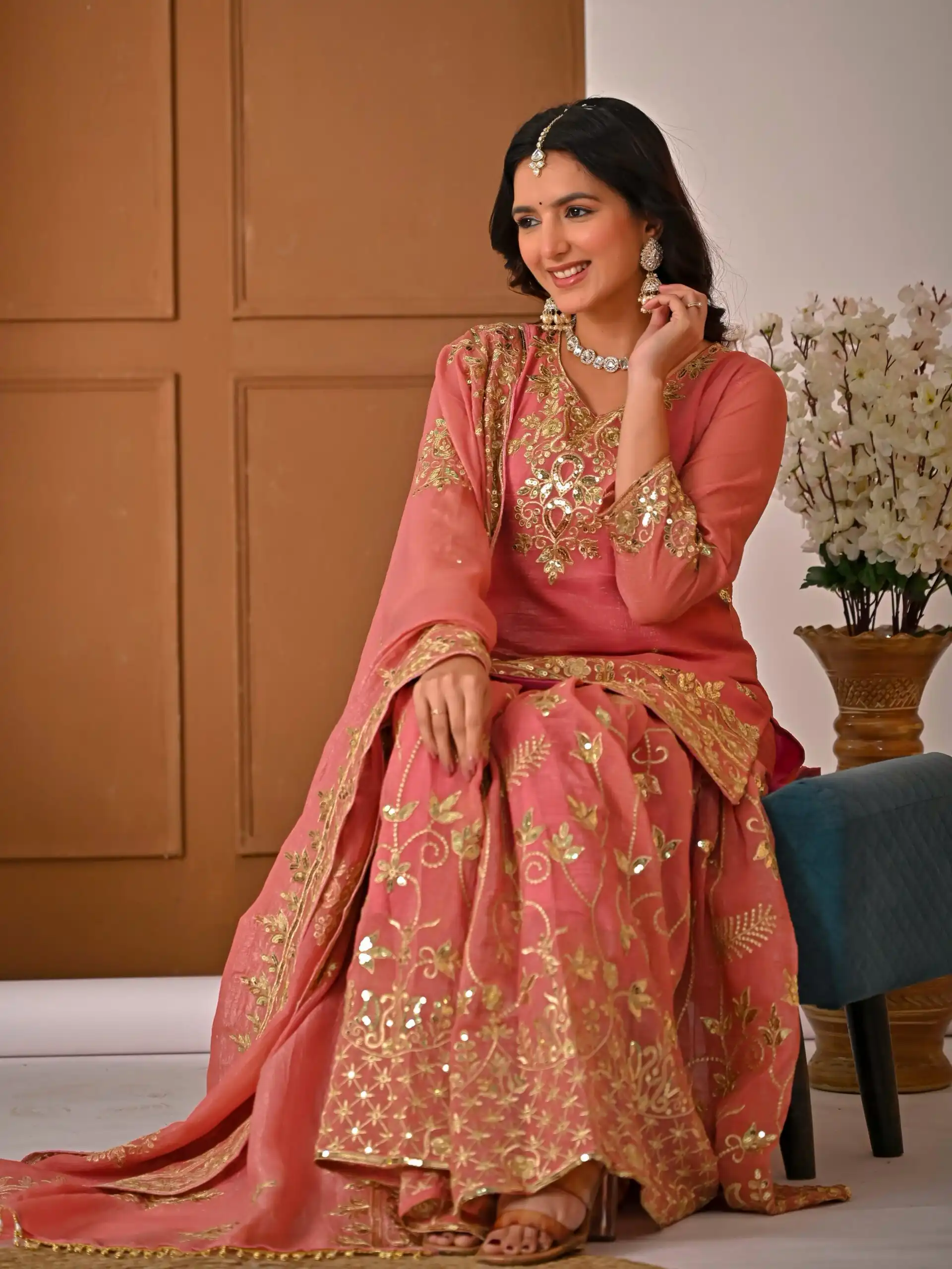 Fancy Peach Crunchy Silk Embroidery Work Salwar Suit - Image 9
